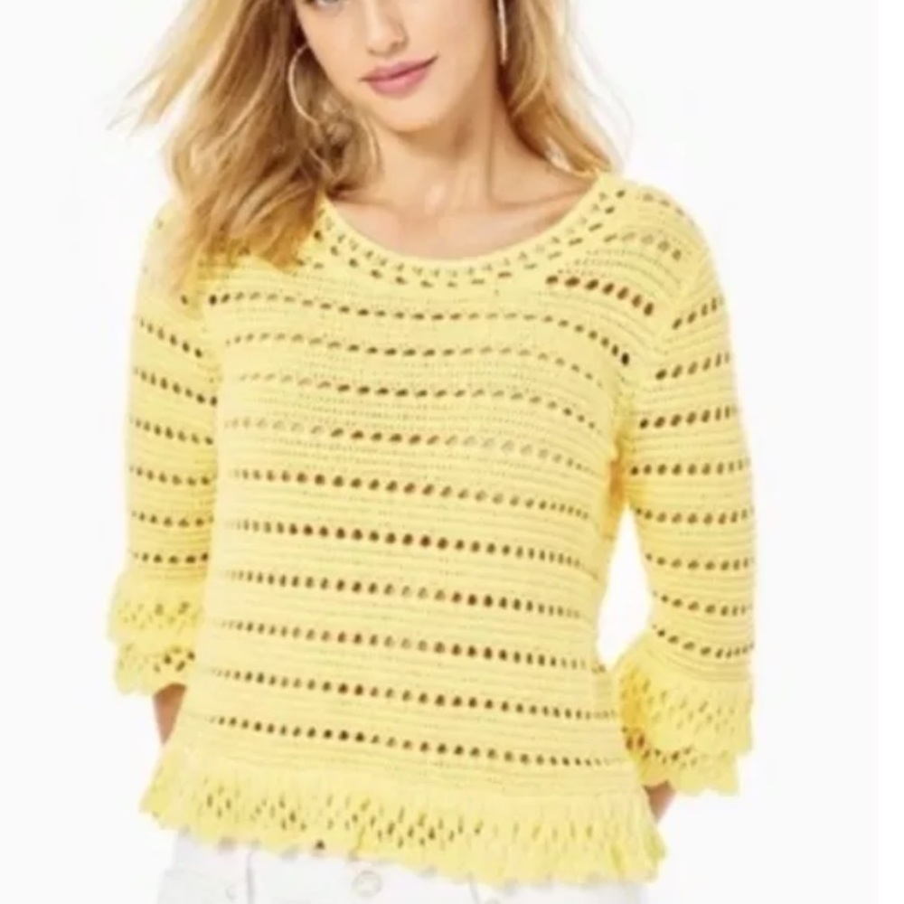 Lilly Pulitzer Irina Sweater Womens Medium Yellow Crochet Flouncy Preppy